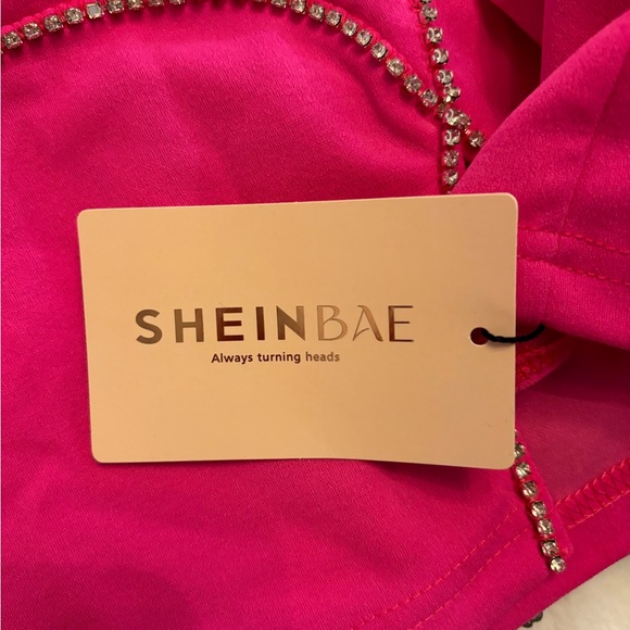 shein bae cut out rhinestone trim split hem bodycon dress - hot pink - Picture 2 of 7